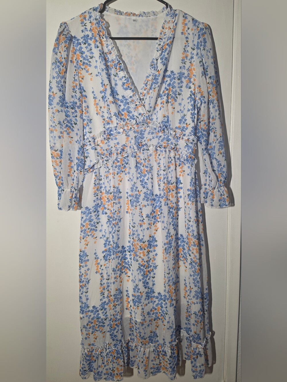 V-Neck Long Sleeve Midi Dress in White with Blue and Orange Floral Print